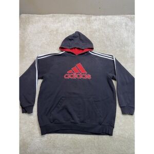 Y2K Adidas Hoodie Mens XL Black Red White Stripes Center Logo Pullover
